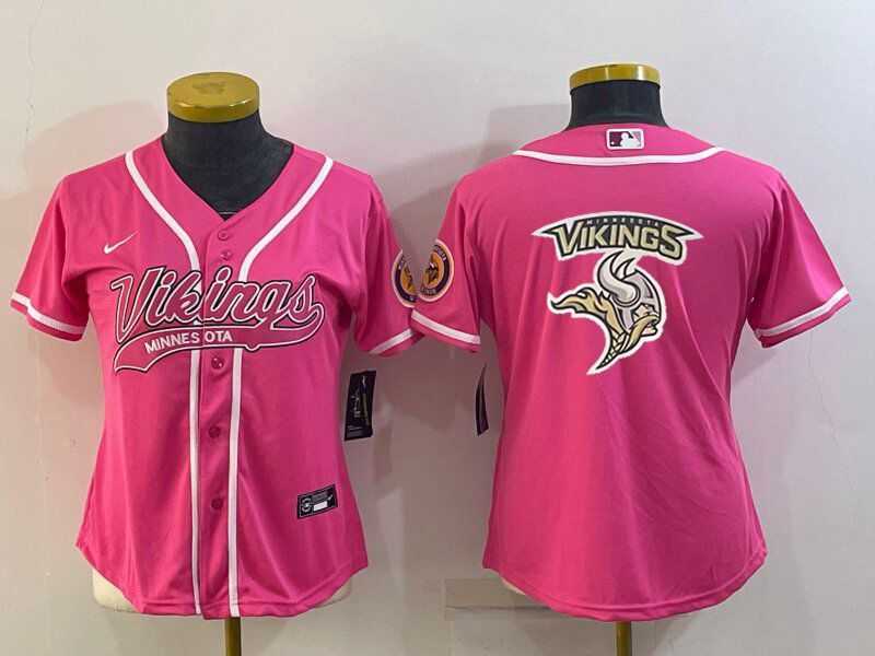 Womens Minnesota Vikings Pink Team Big Logo With Patch Cool Base Stitched Baseball Jersey